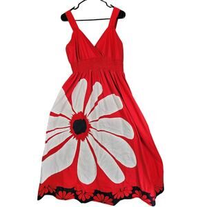 eShakti Maxi Flower Dress 1X 18W Red White Pocket‎ Cotton Surplice Neck Smocked